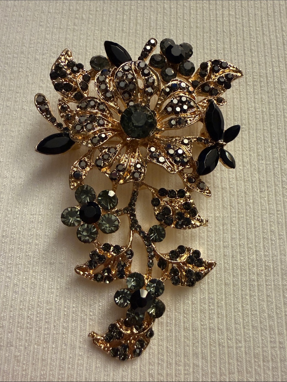 Gold and Black Floral Crystal Brooch - Elegant Women’s Jewelry
